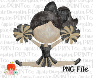 Black Hair Cheerleader Black and Gold Watercolor Printable Design PNG