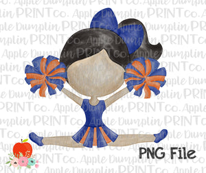 Black Hair Cheerleader Blue and Orange Watercolor Printable Design PNG