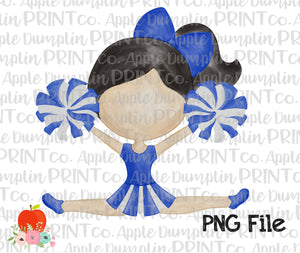 Black Hair Cheerleader Blue and White Watercolor Printable Design PNG