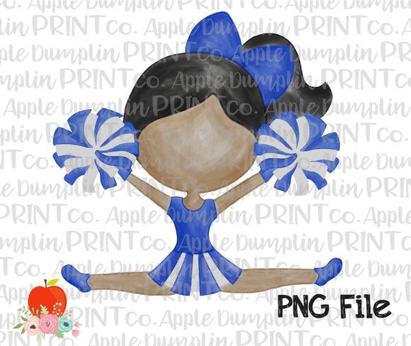 Dark Skin Cheerleader Blue and White Watercolor Printable Design PNG