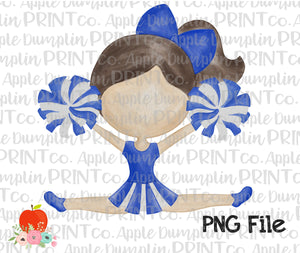 Brunette Cheerleader Blue and White Watercolor Printable Design PNG