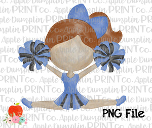Auburn Hair Cheerleader Baby Blue and Black Watercolor Printable Design PNG