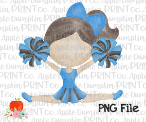 Brunette Cheerleader Blue and Black Watercolor Printable Design PNG