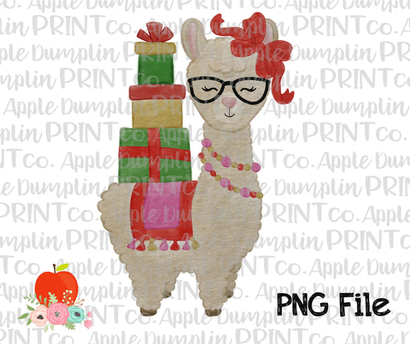 Christmas Llama with Glasses Watercolor Printable Design PNG