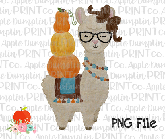 Fall Llama with Glasses Watercolor Printable Design PNG