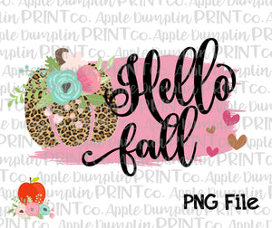 Hello Fall with Leopard Pumpkin Printable Design PNG