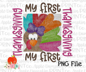 Girl My First Thanksgiving Turkey Watercolor Printable Design PNG