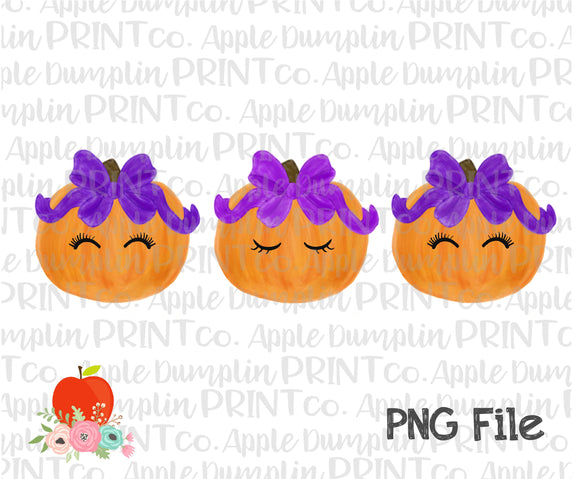 Pumpkin with Eyelashes and Bow Trio Watercolor Printable Design PNG