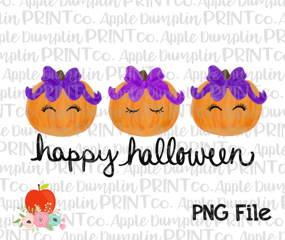 Happy Halloween Pumpkin with Bow Trio Watercolor Printable Design PNG