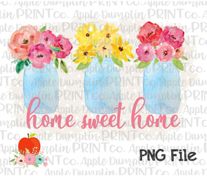 Home Sweet Home Mason Jars Polka Dot Background Watercolor Printable Design PNG