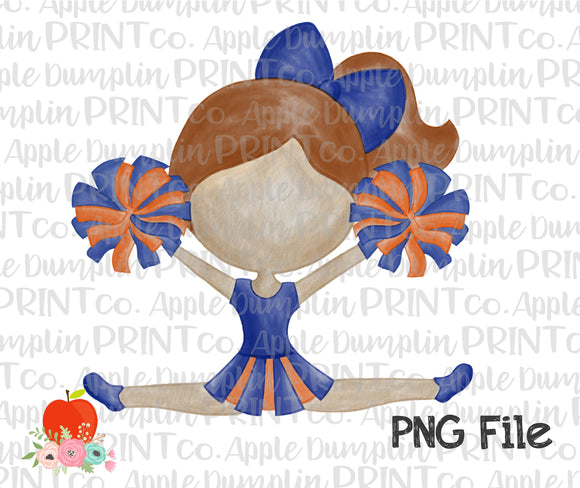 Auburn Hair Cheerleader Blue and Orange Watercolor Printable Design PNG