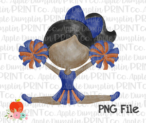 Dark Skin Cheerleader Blue and Orange Watercolor Printable Design PNG