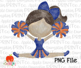 Brunette Cheerleader Blue and Orange Watercolor Printable Design PNG