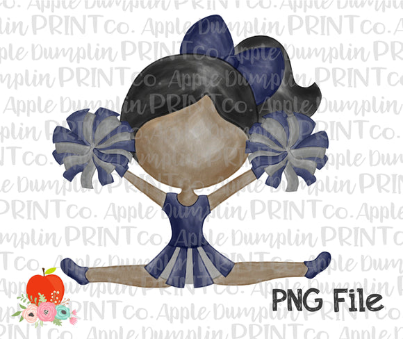 Dark Skin Cheerleader Blue and Silver Watercolor Printable Design PNG