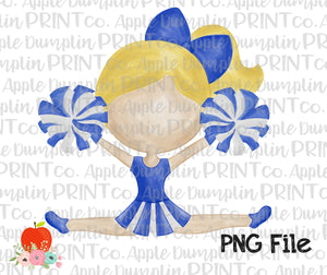 Blonde Cheerleader Blue and White Watercolor Printable Design PNG