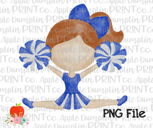 Auburn Hair Cheerleader Blue and White Watercolor Printable Design PNG