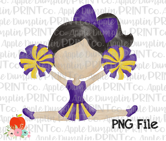 Black Hair Cheerleader Purple and Gold Watercolor Printable Design PNG