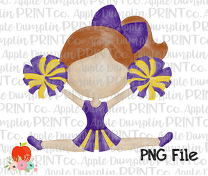Auburn Hair Cheerleader Purple and Gold Watercolor Printable Design PNG