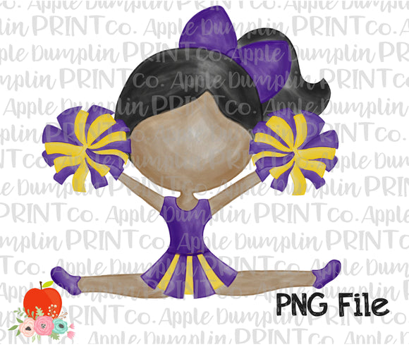 Dark Skin Cheerleader Purple and Gold Watercolor Printable Design PNG