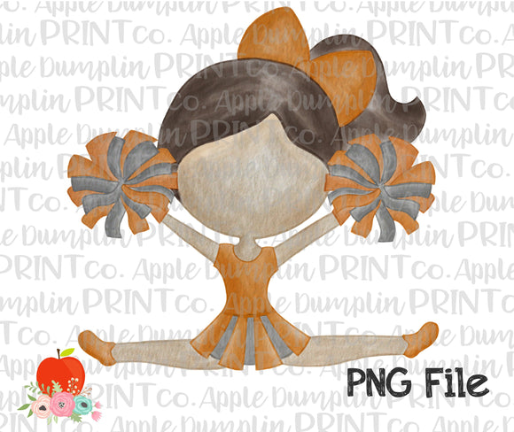 Brunette Cheerleader Orange and Dark Gray Watercolor Printable Design PNG